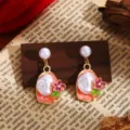 Exquisite Monet garden style enamel flower pearl drop earrings, retro baroque design for women. - Deep Pink