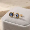 Gold evil eye stud earrings with blue enamel design, gothic jewelry variant piece. - Spiral Style (E1518) / Gold/Blue