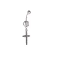 Ανοξείδωτο piercing αφαλού με λαμπερή μπάλα στρασ και κρεμαστό σταυρό σε λεπτομέρεια - Στυλ Μενταγιόν με Στριφτό Σταυρό (E9448)