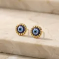 Gold evil eye stud earrings, fashionable metal dripping oil jewelry for women and girls daily wear. - Classic Stud Style (E2698) / Gold/Blue