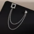 Vintage double chain brooch with black square rhinestone crystal, elegant suit collar pin. - Silver Square Rhinestone Tassel Style (Z722)