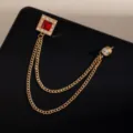 Elegant gold-tone double chain lapel pin with square red rhinestone for women and men. - Gold Red Square Rhinestone Tassel Style (Z723)