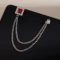 Elegant silver tone square red crystal double chain brooch vintage lapel pin for men women - Silver Red Square Rhinestone Tassel Style (Z724)