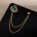 Elegant crown rhinestone brooch with double chain tassels, fashion metal pin for suits jackets. - Gold Crown Green Gem Tassel Style (Z726)