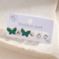 Stainless steel butterfly earring set featuring green malachite pattern and crystal studs. - Green Striped Butterfly Stud Earrings Set (E1596-1)