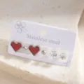 Stainless steel red heart rhinestone stud earrings set modern minimalist style details - Red Heart Bordered Stud Earrings Set (E1833-4)
