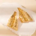 Retro gold geometric leaf earrings, exaggerated metallic hollow statement ear studs for women. - E1531-9