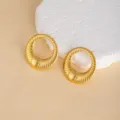 Chic 18k gold plated stainless steel ribbed geometric hoop earrings for women, vintage statement. - E4676-1
