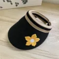 Kinder süßer leerer Sonnenhut Stroh Visier mit Häkelblume für Sommer Outdoor Strand Reisen - Schwarz