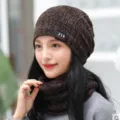 Winter warm knitted hat and scarf set, thick fleece lined brown beanie for women and men. - Adult / Coffee