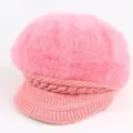 Pink fuzzy knit newsboy hat for women, soft furry winter beret with brim and braided decor. - Pink
