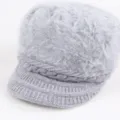 Women grey fluffy rabbit hair knitted beret hat with visor stylish winter warm cap - Gray