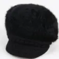 Zwarte konijnenhaar gebreide baret muts, zachte warme winter krantenjongenspet dames - Zwart