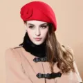 Stylish red wool beret for women, elegant winter fashion hat with side floral decoration. - One Size / Red