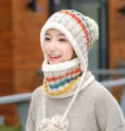 Women winter knitted earflap hat scarf set fleece lined warm cute thick woolen cap - Hat + Scarf / Beige