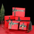 Christmas red gift boxes set with green ribbons and star pendants, perfect holiday packaging. - Gift Box / Small Gift Box 15x15x7cm / Red Green Shimmer Bow