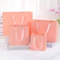 Pink paper gift bags with ribbon handles, stylish cosmetic and holiday packaging in multiple sizes. - Small Size 16x8x17cm / Bean Paste Pink
