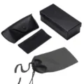 Black glasses case set including leather case, hard box, cleaning cloth, and pouch. - Four-Piece Leather Case Set