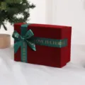 Red velvet gift box with green ribbon, elegant packaging for wedding and cosmetics. - Wine Red Flocked Cloth with Green Bow / Size 8 15.8x15.8x12.2cm