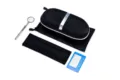 Black glasses case set with storage pouch, cleaning cloth, screwdriver and test card. - Box Set