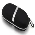 Close-up detail of the portable black hard shell sunglasses case with secure zipper and hook. - Box