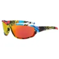 Unisex sports polarized sunglasses with colorful graffiti camo frame and red mirror lens. - Print Red Film