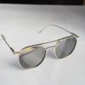 Metal TAC polarized sunglasses, gold frame double bridge polygon eyewear variant. - Silver Frame Gray Lens