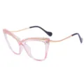 Fashion Pink Cat Eye Optical Glasses, Metal Cross Anti-Blue Light Large Frame Style - Transparent Pink Frame