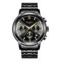 Men's Black Steel Quartz Watch Business Multi-function Chronograph Calendar Wristwatch - Black Dial Gold Hands Black Strap