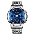 Men's Stainless Steel Quartz Watch Blue Dial Chronograph Business Wristwatch Waterproof - Blue Dial Silver Band