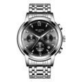 Men's stainless steel watch, black dial business chronograph quartz wristwatch, silver strap. - Black Dial Silver Band