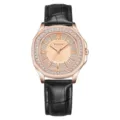Damenuhr Quarz mit Roségold Strass Lünette und schwarzem Lederarmband elegant gestaltet. - 519 Schwarz