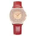 Elegante Damen Quarzuhr mit Roségold Gehäuse rotem Lederarmband und funkelnder Kristall Lünette. - 519 Rot