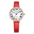 Elegante Damen Quarzuhr mit rotem Lederarmband, weißem Zifferblatt und schitterender kristaller bezel. - 531 Weißes Zifferblatt Rotes Armband