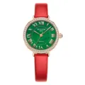 Damen Quarz Uhr rotes Lederarmband Roségold Kristall Lünette grünes römisches Zifferblatt elegant - 531 Pfauengrünes Zifferblatt Rotes Armband