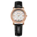 Damen Quarzuhr mit Roségold Gehäuse, schwarzem Lederarmband und beweglichen Zirkonia Zifferblatt. - 524 Schwarz