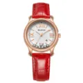 Elegante Damen-Quarzuhr mit rotem Lederarmband, Roségoldgehäuse und schwimmenden Diamanten. - 524 Rot