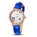 Damen Quarzuhr mit blauem Lederarmband, Strass-Roségold-Lünette und Schmetterlingszifferblatt. - 608 Blauer Schmetterling Blaues Armband