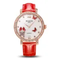Damen Quarzuhr mit rotem Lederarmband, Strass Lünette und elegantem Schmetterling Zifferblatt. - 608 Roter Schmetterling Rotes Armband
