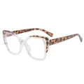 Stylische quadratische Blaulichtfilter Brille für Damen mit klarem Rahmen und Leopardenbügeln. - Klar und Leo