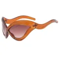 Futuristic Y2K Sunglasses, Amber Brown Wavy Cat Eye Glasses, Trendy Fashion Show Eyewear - Transparent Tea Frame Gradient Tea Lens
