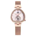 Elegante Damen-Quarzuhr mit Tropfen-Kristall-Lünette, Perlmuttzifferblatt und Mesh-Armband. - Roségrau Weiß