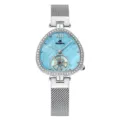 Elegante Damen Quarzuhr mit blauem Perlmuttzifferblatt Diamant Lünette und Mesh Armband - Roségold Blau