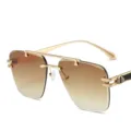 Men's rimless gradient sunglasses with gold metal frame and stylish cut edge design for driving outdoor. - Gold Frame Gradient Tea Lens
