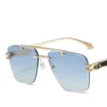 Men rimless sunglasses with blue gradient lenses and luxury gold metal frame stylish eyewear - Gold Frame Gradient Blue Lens