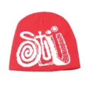 Bonnet en tricot rouge avec design jacquard à lettres blanches, bonnet d'hiver chaud et décontracté. - Taille unique / Rouge