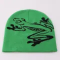 Green knit beanie with black frog jacquard design, stylish warm pullover winter hat for women and men. - One Size / Grass Green Jacquard Frog
