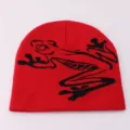 Red knitted beanie hat for women and men warm winter jacquard frog pattern casual skull cap - One Size / Red Jacquard Frog
