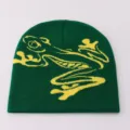 Green knitted beanie with yellow frog jacquard pattern, warm winter wool cap for casual daily wear. - One Size / Green Jacquard Frog
