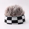 Novelty black and white checkerboard knit hat with spiky grey faux hair wig for outdoor fun. - Checkered Headband With Brown Wig